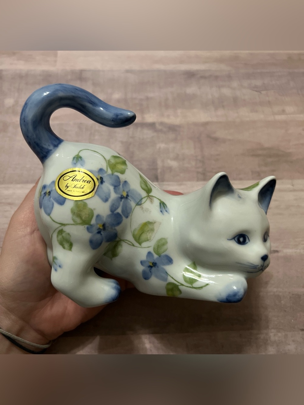 Vintage Andrea by Sadek Porcelain Cat Piggy Bank – Blue& Green Floral Design